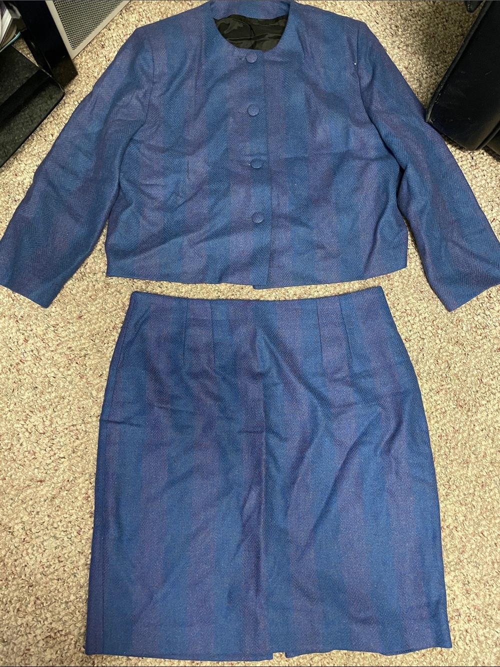 Vintage 100% wool Irish tweed hand woven blue/purple skirt suit set